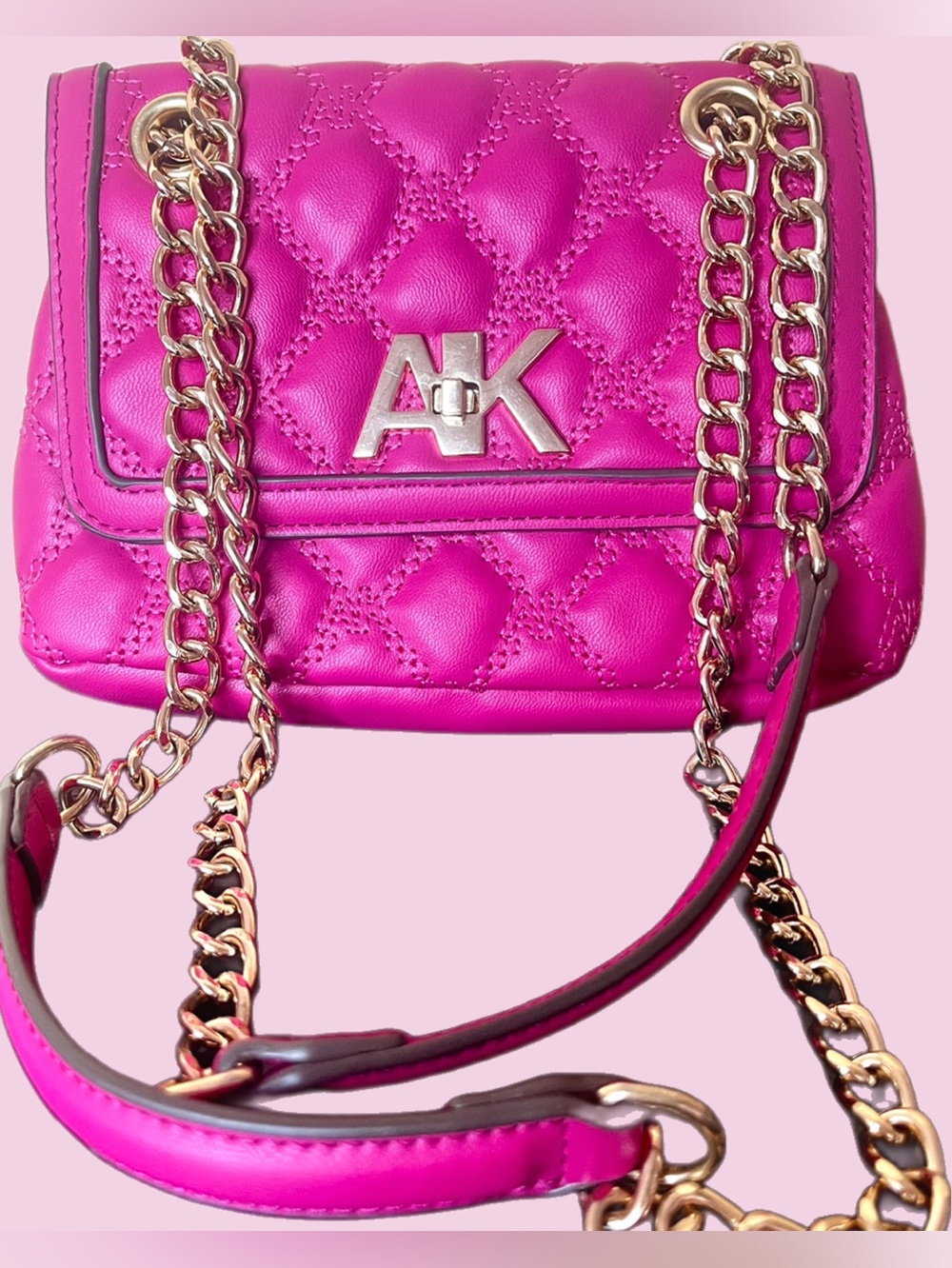 Anne Klein Quilted Chain Strap Crossbody Bag in Hot Pink